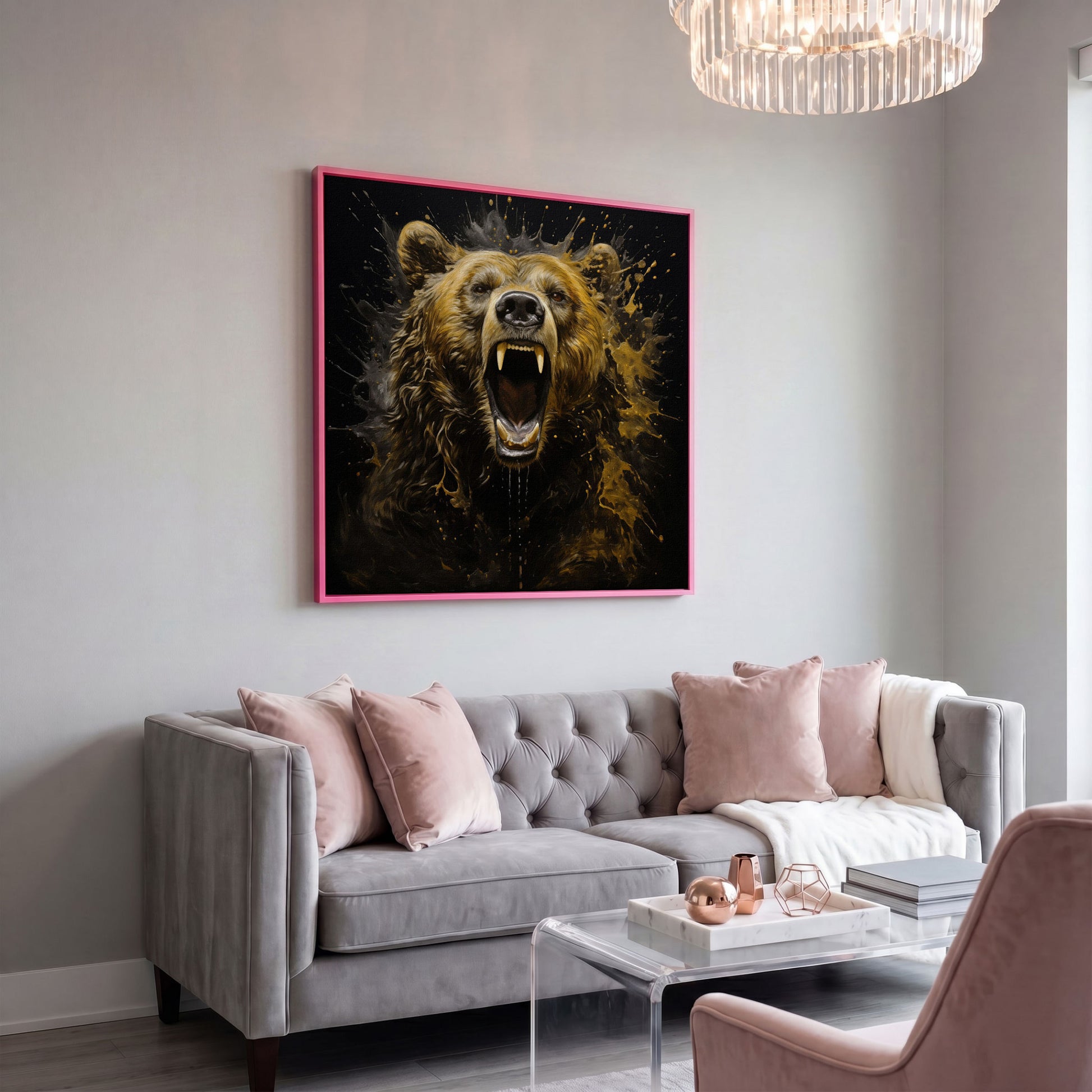 Brown Bear Roar Canvas Print in pink floating frame
