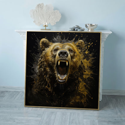 Brown Bear Roar Canvas Print in rose gold floating frame