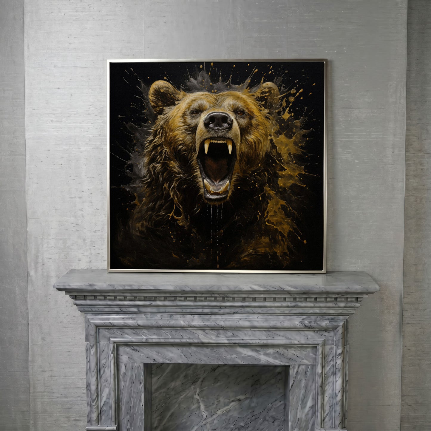 Brown Bear Roar Canvas Print in silver floating frame