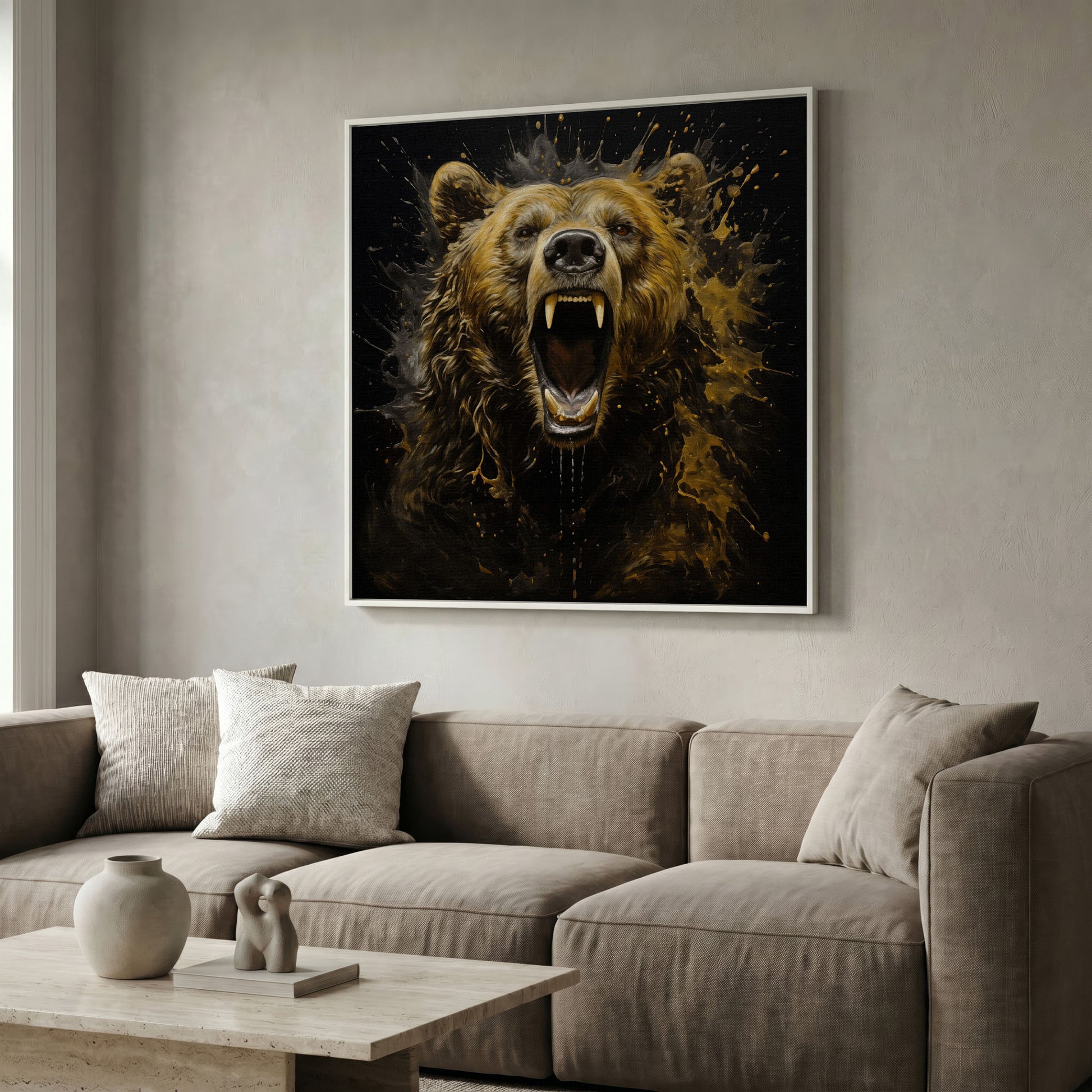 Brown Bear Roar Canvas Print in white floating frame