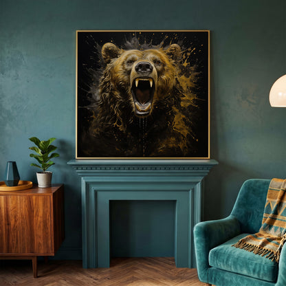 Brown Bear Roar Canvas Print in yellow gold floating frame