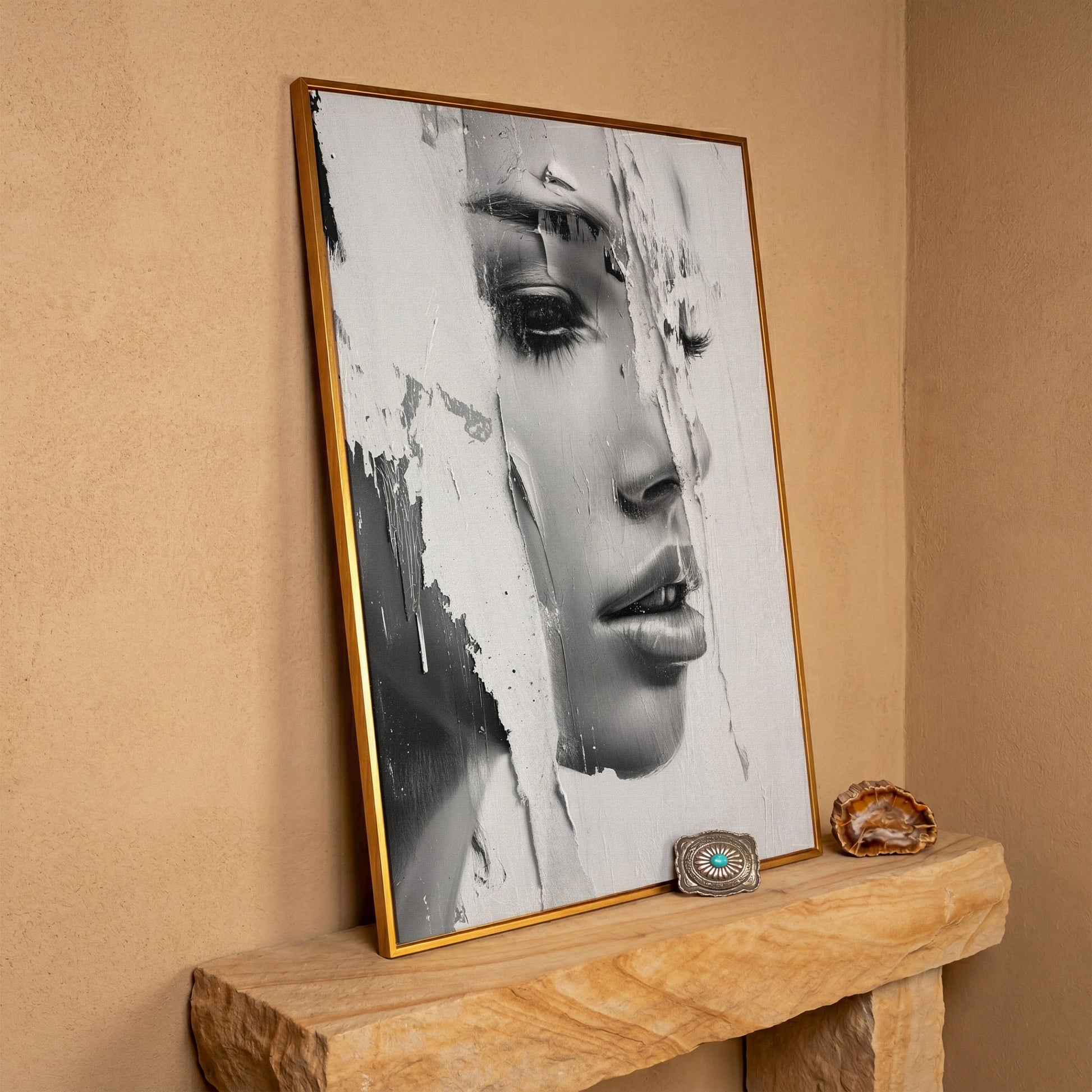 Abstract Woman Portrait in Monochrome Canvas in antique gold floating frame