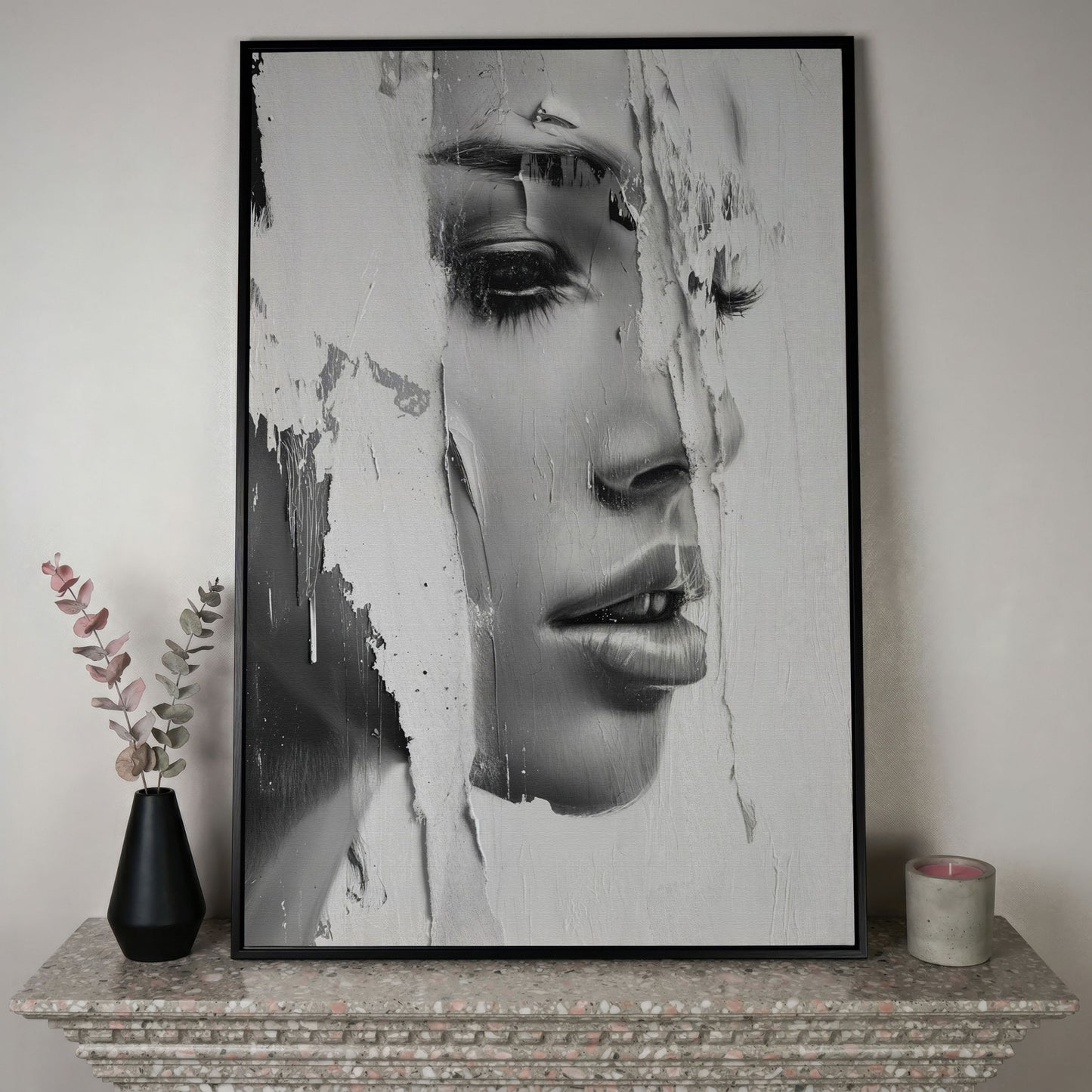 Abstract Woman Portrait in Monochrome Canvas in black floating frame