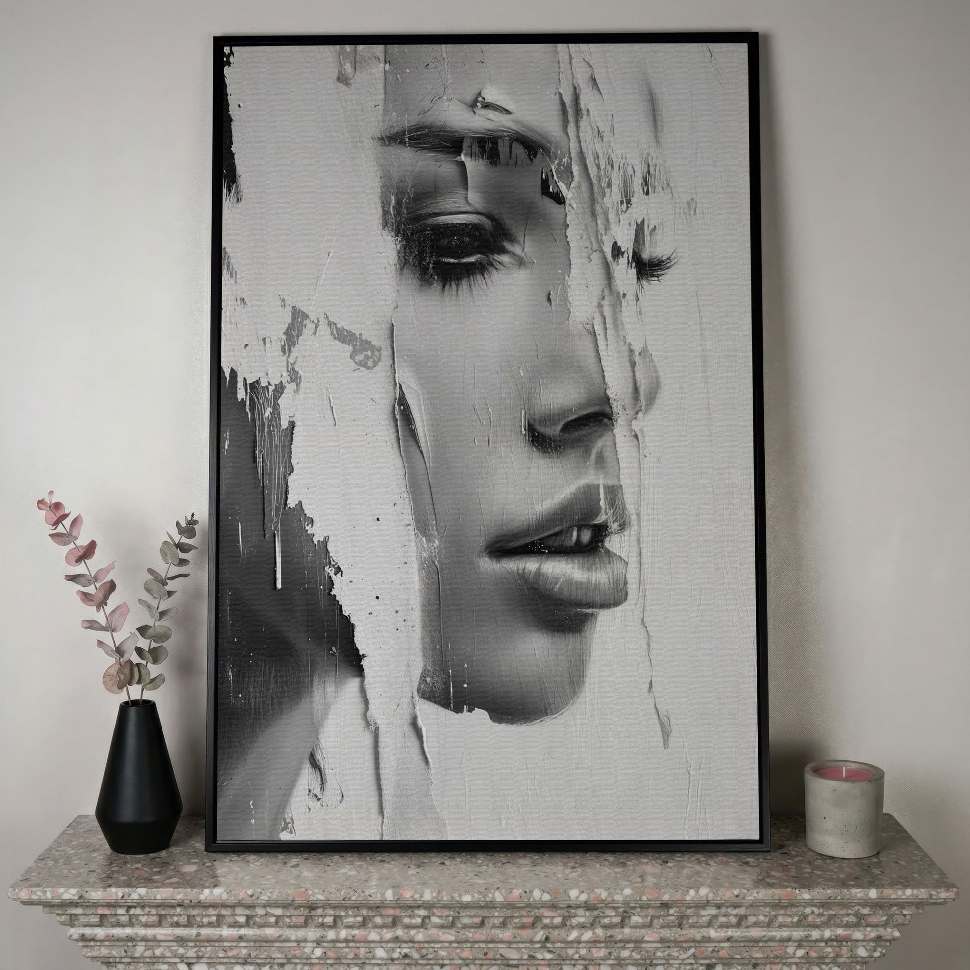 Abstract Woman Portrait in Monochrome Canvas in black floating frame