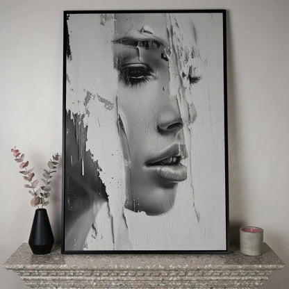 Abstract Woman Portrait in Monochrome Canvas in black floating frame