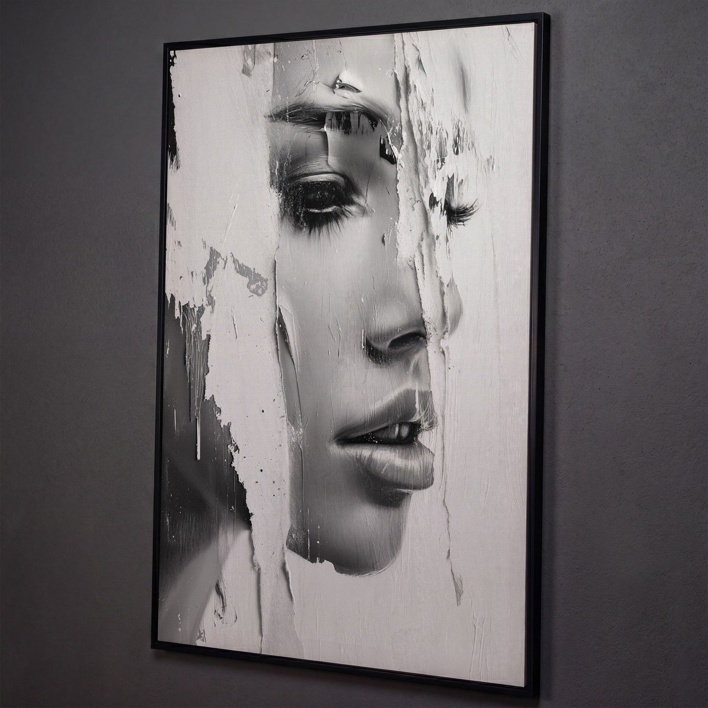 Abstract Woman Portrait in Monochrome Canvas shown in black floating frame