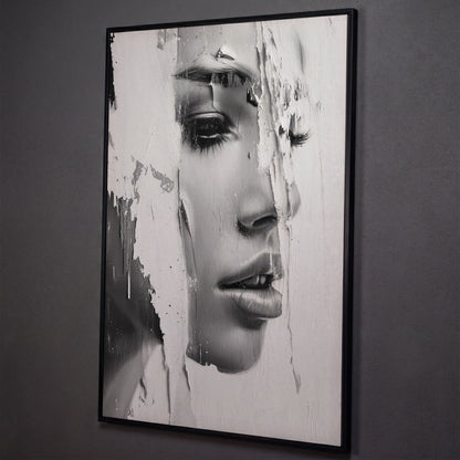 Abstract Woman Portrait in Monochrome Canvas shown in black floating frame