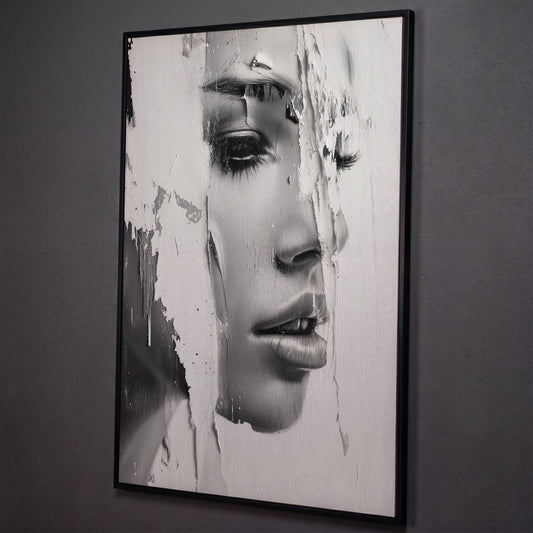 Abstract Woman Portrait in Monochrome Canvas shown in black floating frame