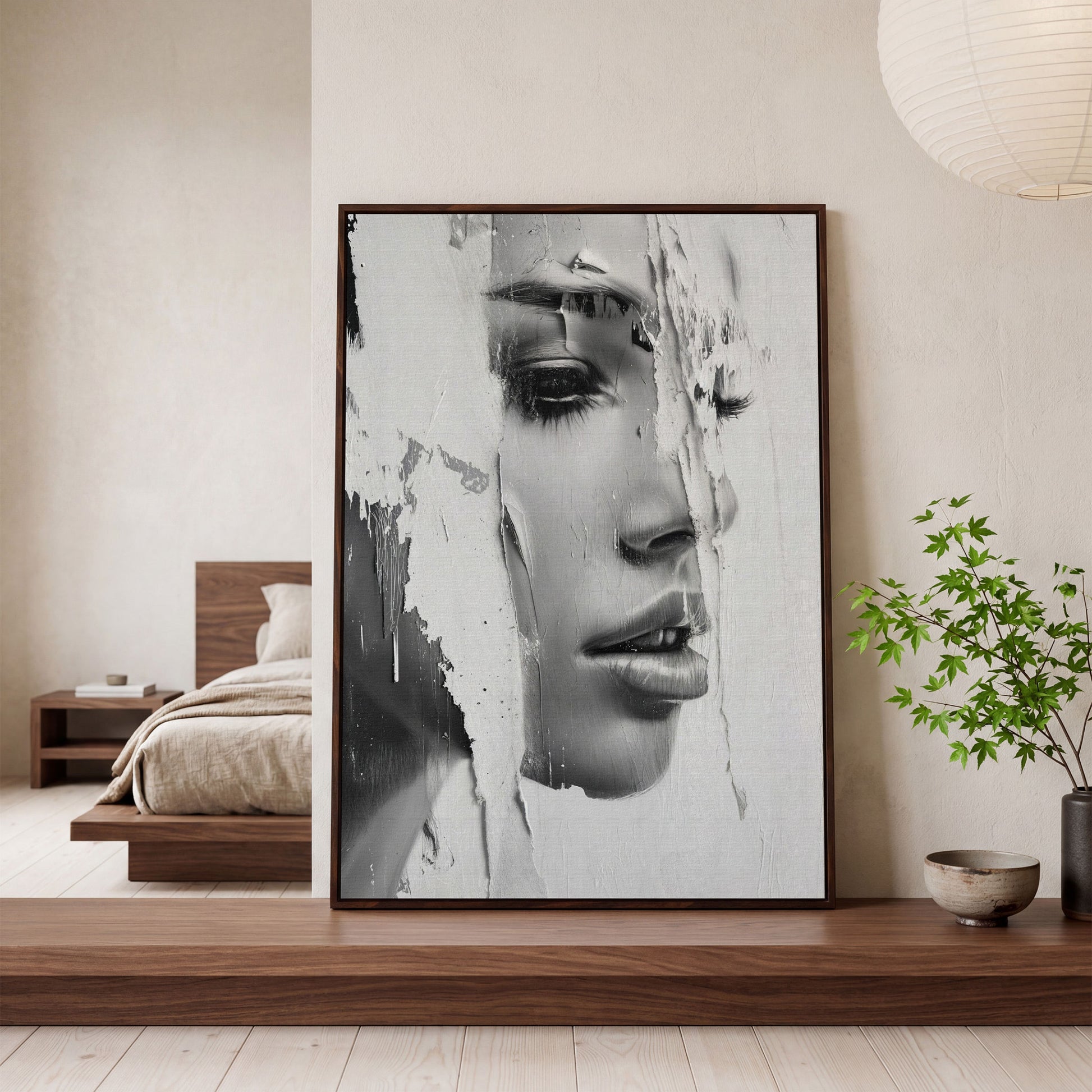 Abstract Woman Portrait in Monochrome Canvas in dark walnut floating frame