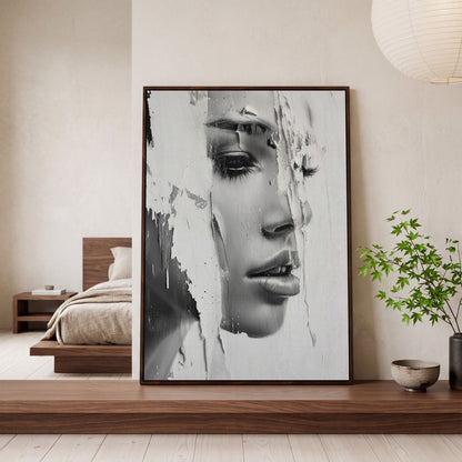 Abstract Woman Portrait in Monochrome Canvas in dark walnut floating frame