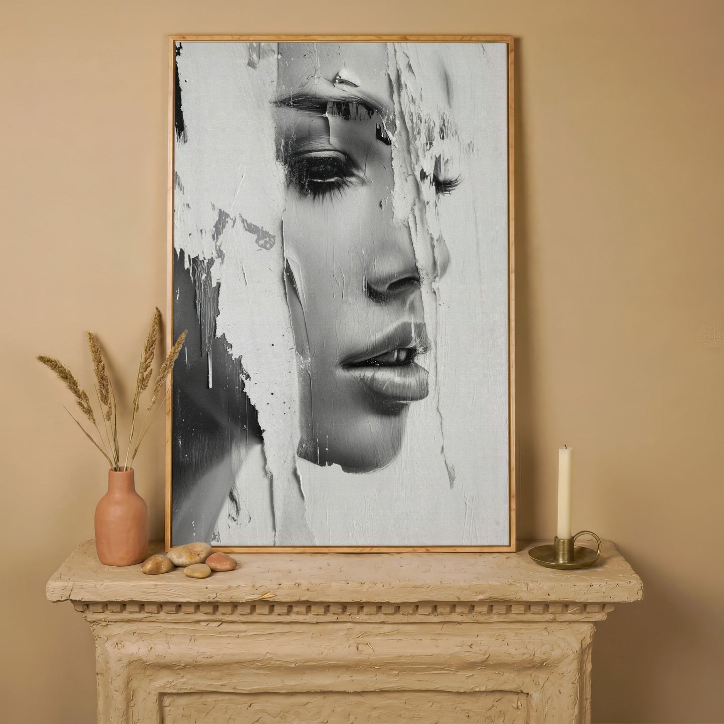 Abstract Woman Portrait in Monochrome Canvas in white oak floating frame