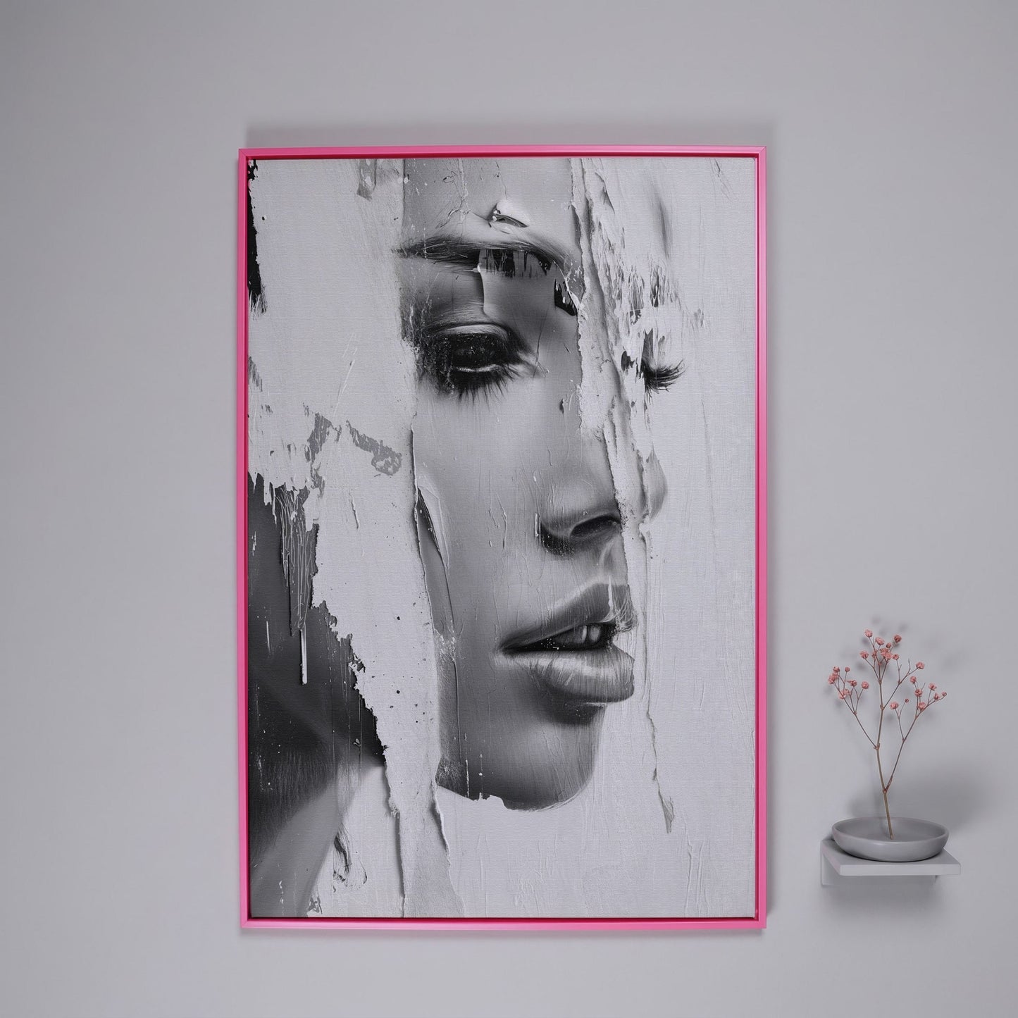 Abstract Woman Portrait in Monochrome Canvas in pink floating frame
