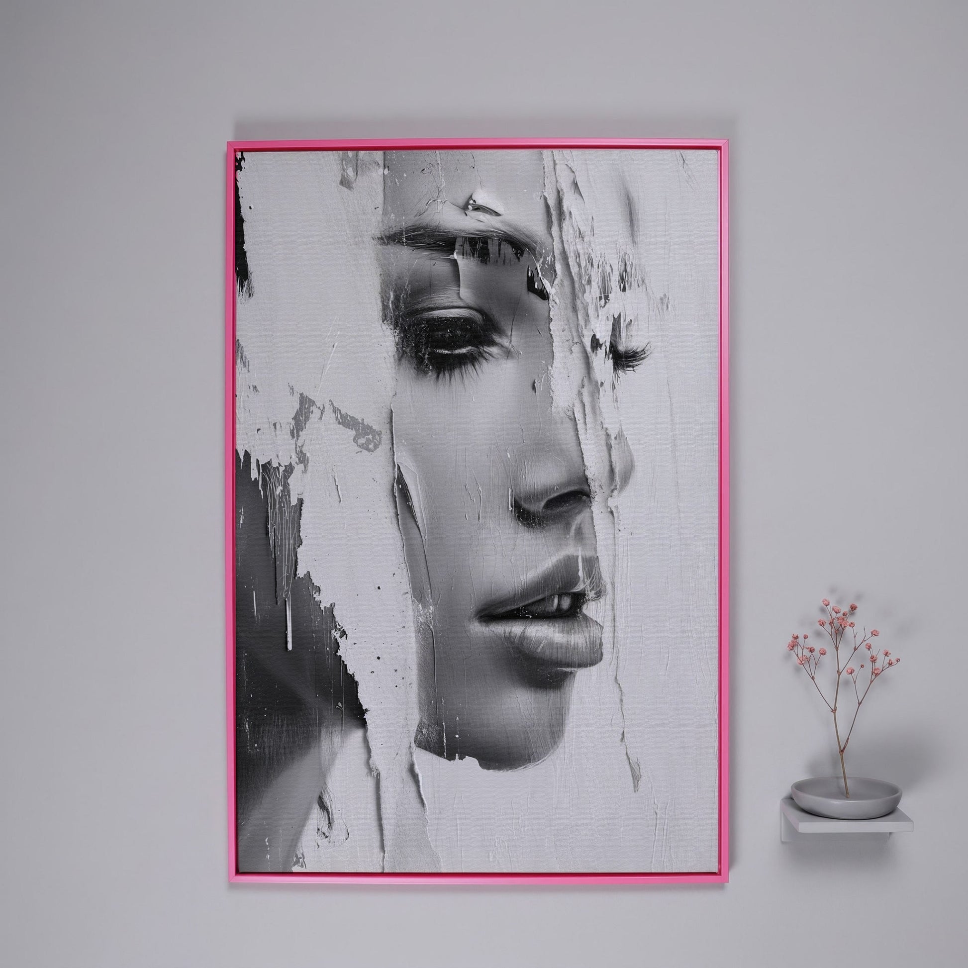 Abstract Woman Portrait in Monochrome Canvas in pink floating frame
