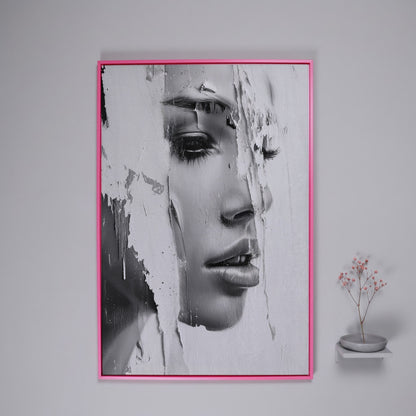 Abstract Woman Portrait in Monochrome Canvas in pink floating frame