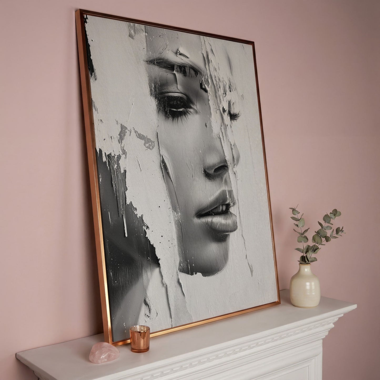 Abstract Woman Portrait in Monochrome Canvas in rose gold floating frame