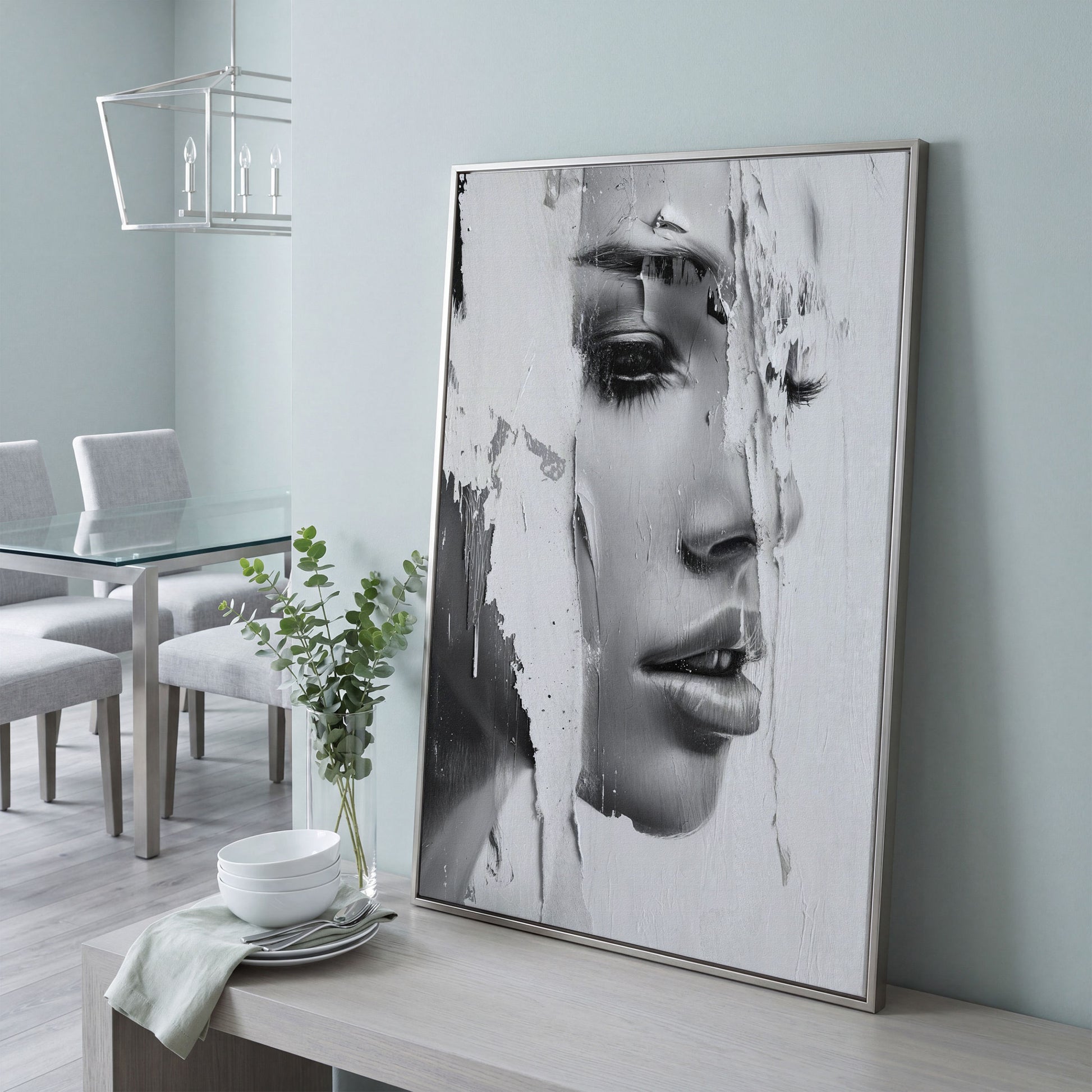 Abstract Woman Portrait in Monochrome Canvas in silver floating frame