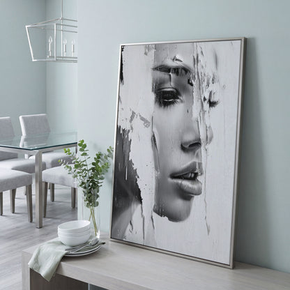 Abstract Woman Portrait in Monochrome Canvas in silver floating frame