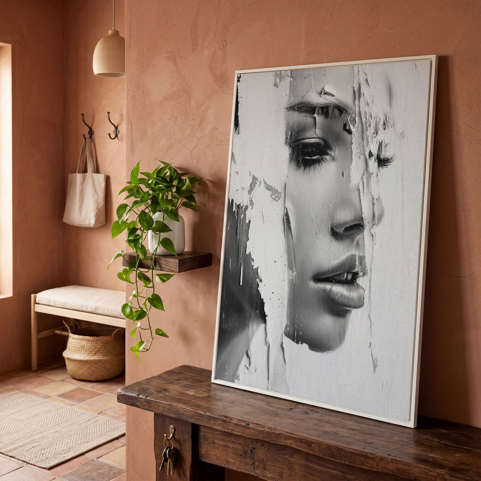 Abstract Woman Portrait in Monochrome Canvas in white floating frame