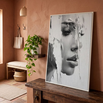 Abstract Woman Portrait in Monochrome Canvas in white floating frame