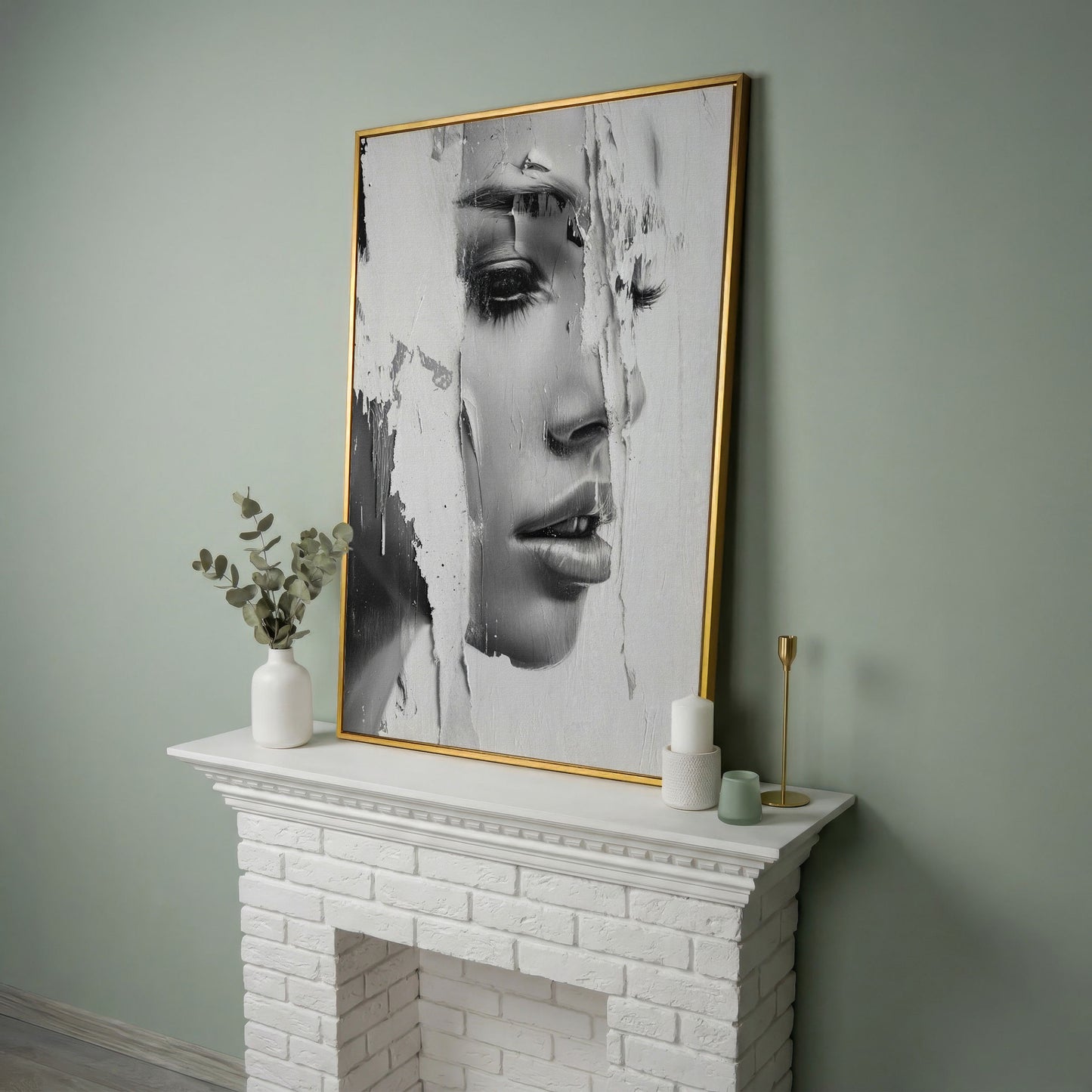 Abstract Woman Portrait in Monochrome Canvas in yellow gold floating frame