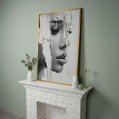 Abstract Woman Portrait in Monochrome Canvas in yellow gold floating frame