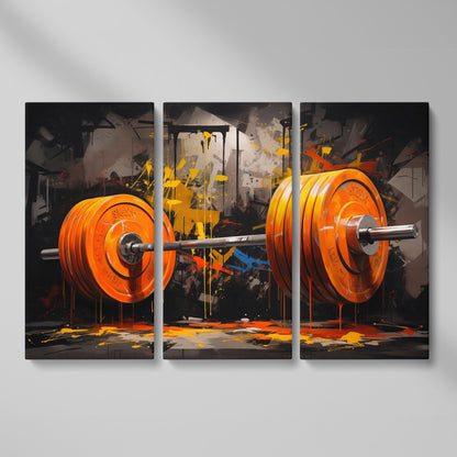 Barbell Canvas Print with Graffiti Brushwork as 3-panel split version
