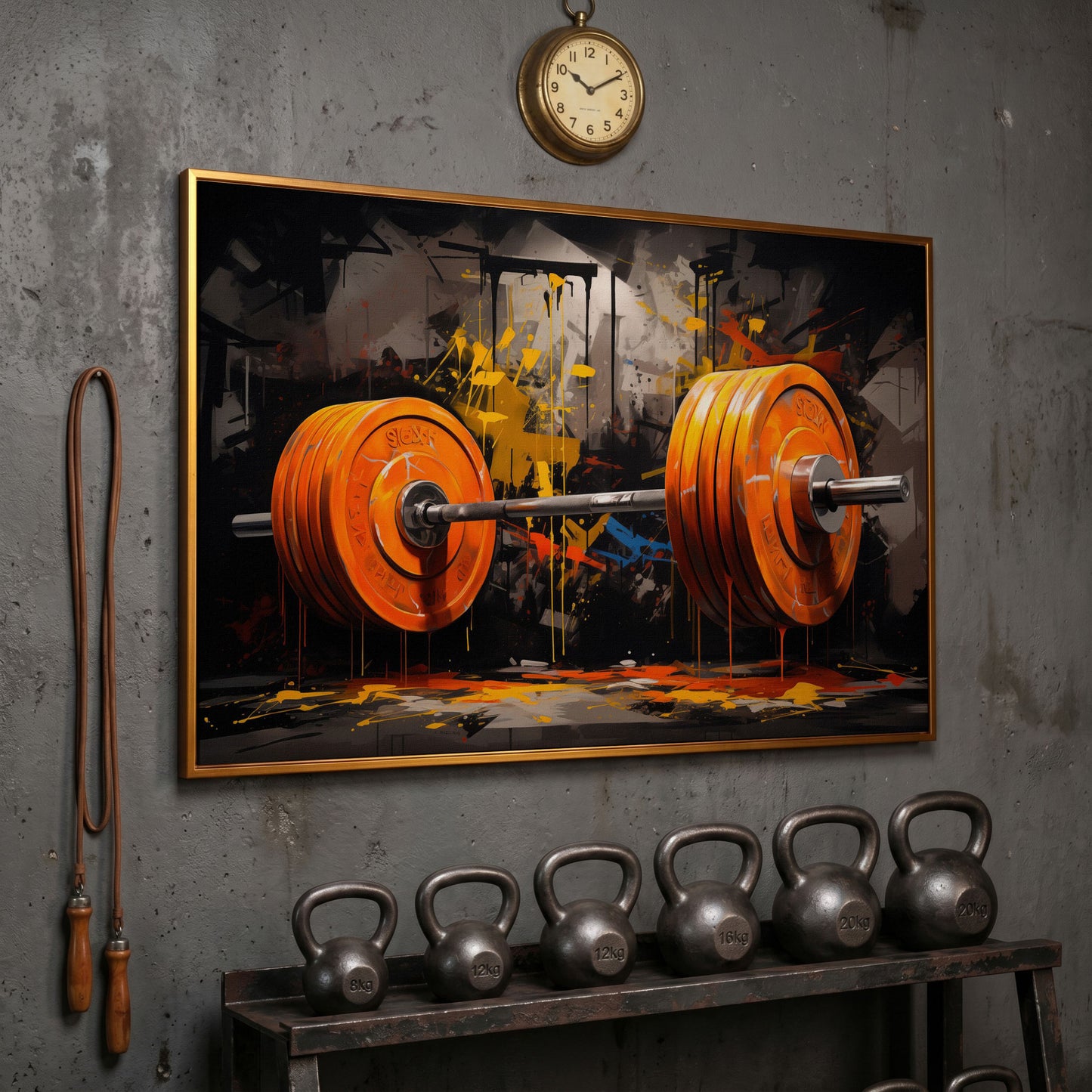 Barbell Canvas Print with Graffiti Brushwork in antique gold floating frame
