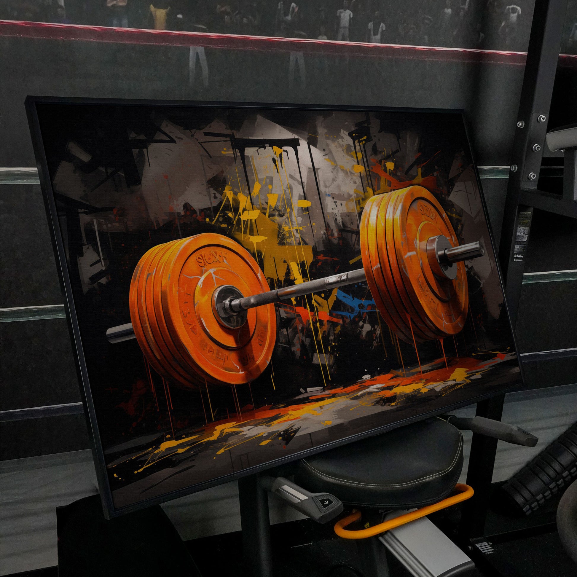 Barbell Canvas Print with Graffiti Brushwork in black floating frame