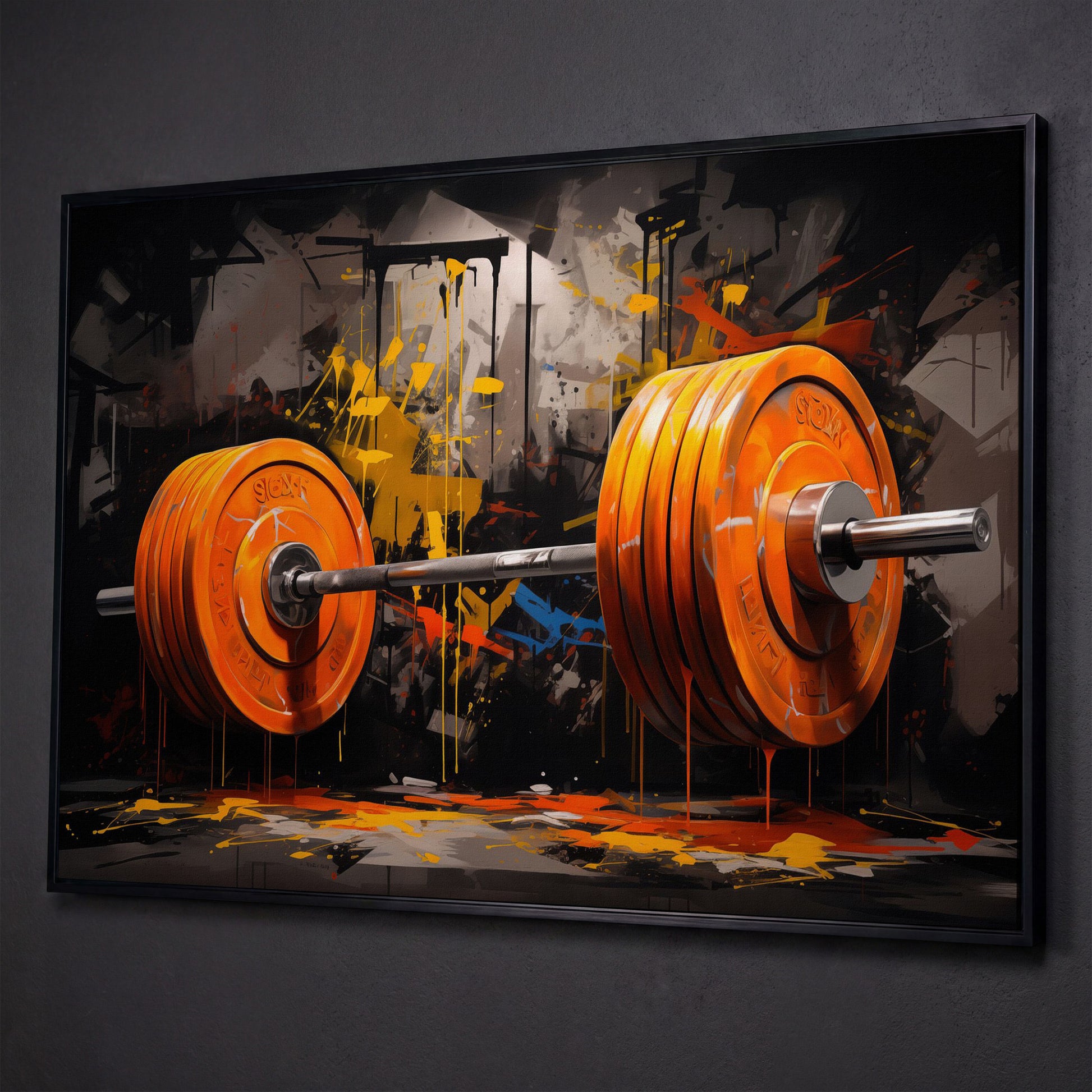 Barbell Canvas Print with Graffiti Brushwork shown in black floating frame