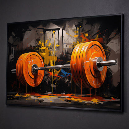 Barbell Canvas Print with Graffiti Brushwork shown in black floating frame