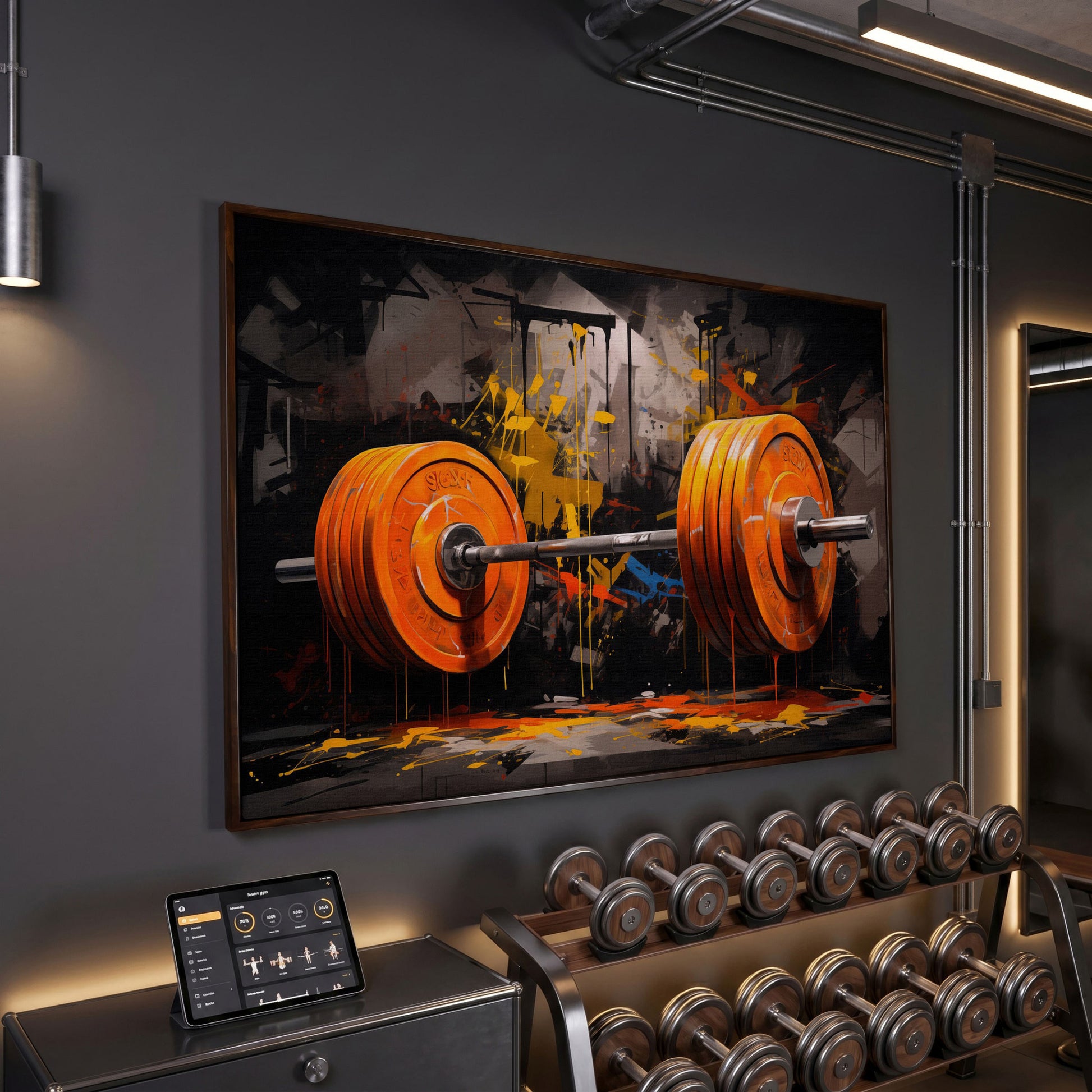 Barbell Canvas Print with Graffiti Brushwork in dark walnut floating frame