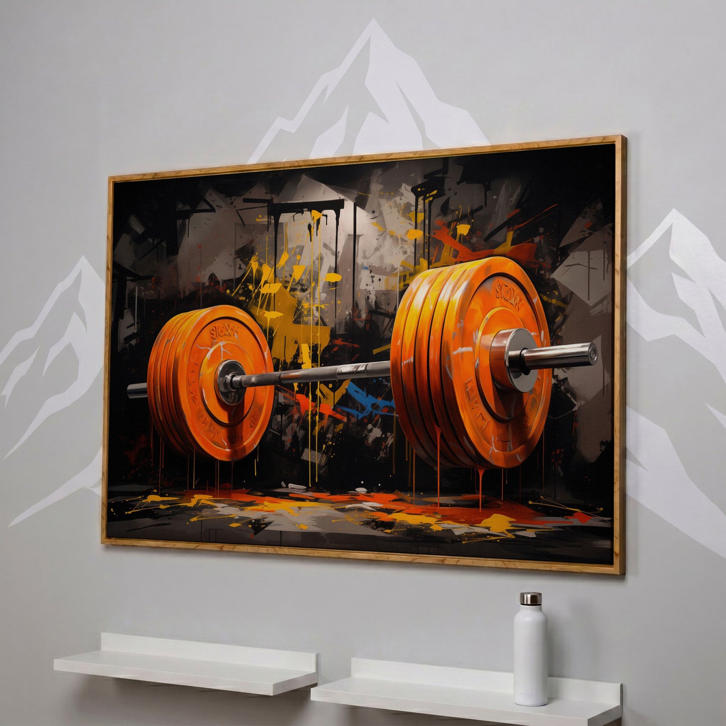 Barbell Canvas Print with Graffiti Brushwork in white oak floating frame