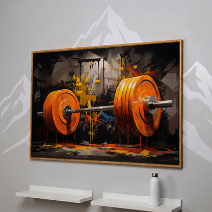 Barbell Canvas Print with Graffiti Brushwork in white oak floating frame