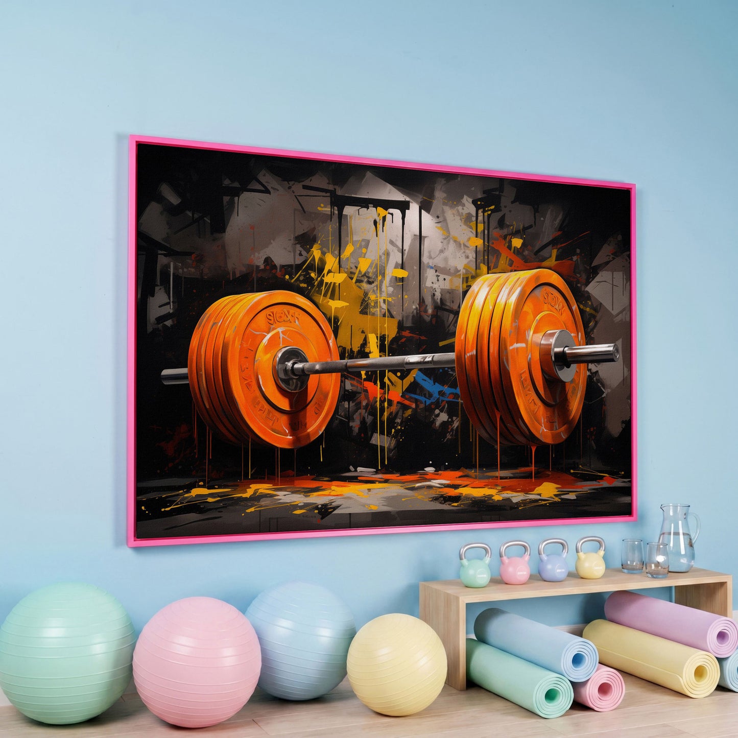 Barbell Canvas Print with Graffiti Brushwork in pink floating frame