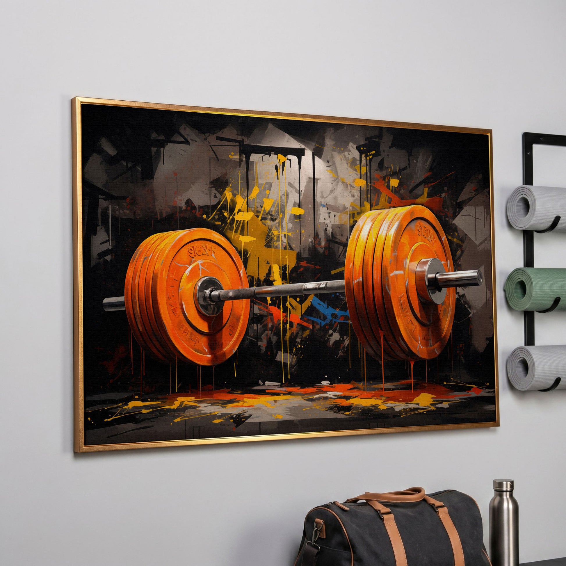 Barbell Canvas Print with Graffiti Brushwork in rose gold floating frame