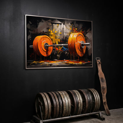 Barbell Canvas Print with Graffiti Brushwork in silver floating frame
