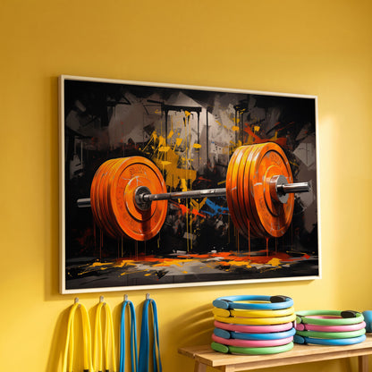 Barbell Canvas Print with Graffiti Brushwork in white floating frame