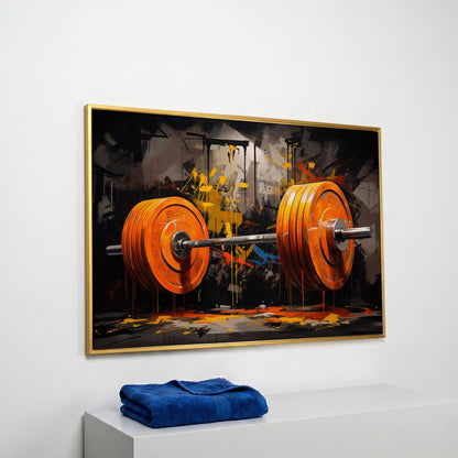 Barbell Canvas Print with Graffiti Brushwork in yellow gold floating frame