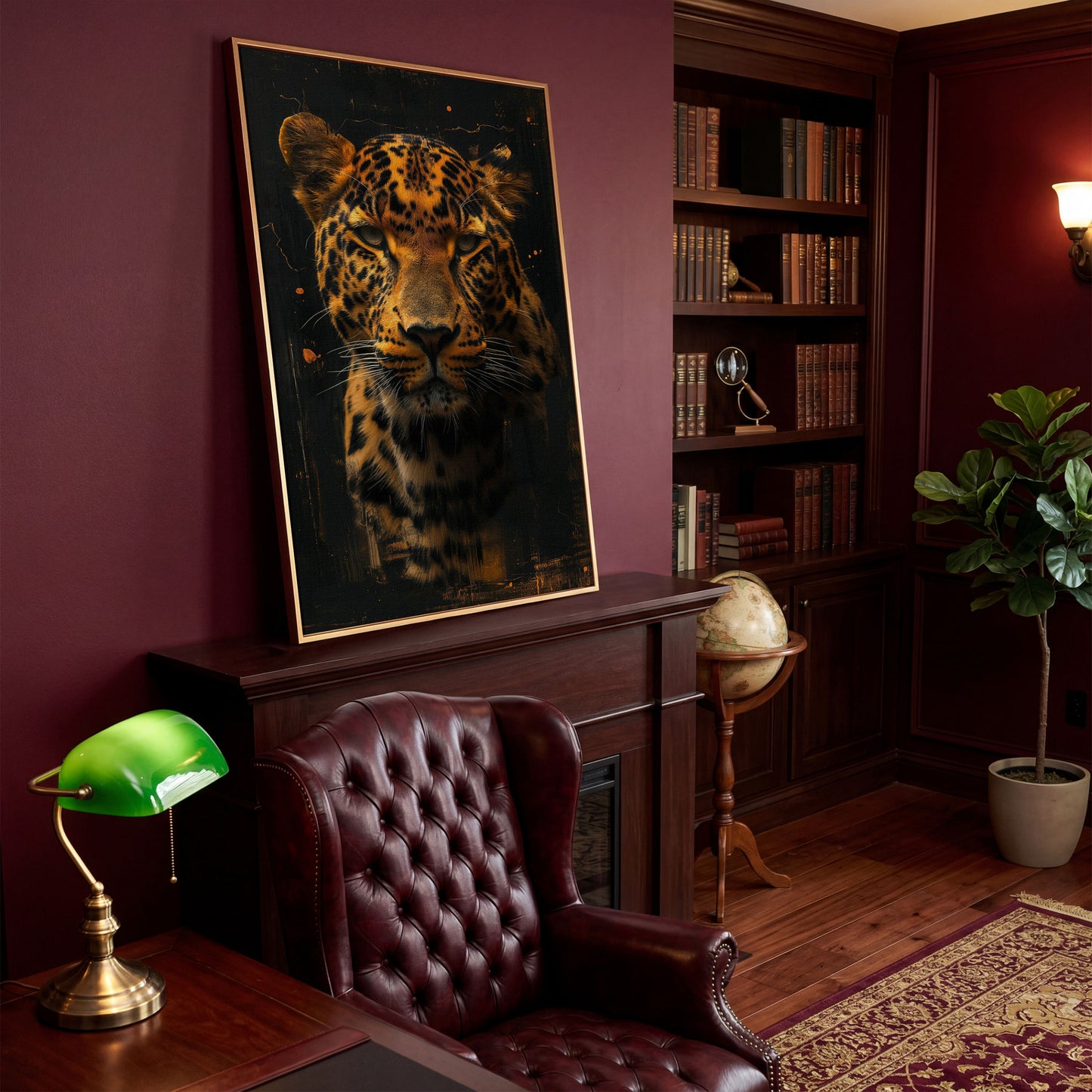 Jaguar Abstract Canvas Print in Sienna and Charcoal in antique gold floating frame