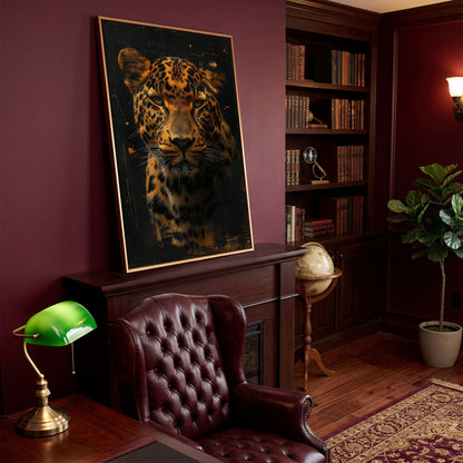 Jaguar Abstract Canvas Print in Sienna and Charcoal in antique gold floating frame