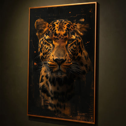 Jaguar Abstract Canvas Print in Sienna and Charcoal shown in antique gold floating frame