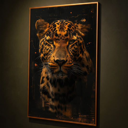 Jaguar Abstract Canvas Print in Sienna and Charcoal shown in antique gold floating frame
