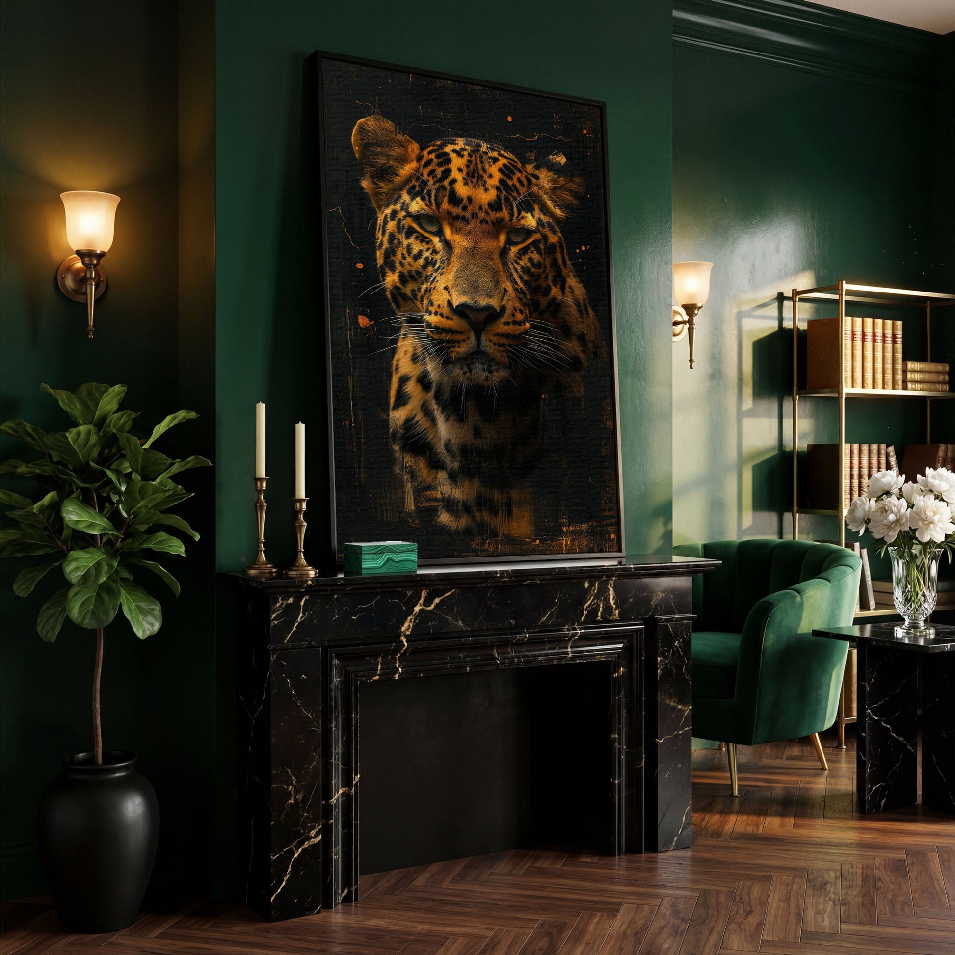 Jaguar Abstract Canvas Print in Sienna and Charcoal in black floating frame