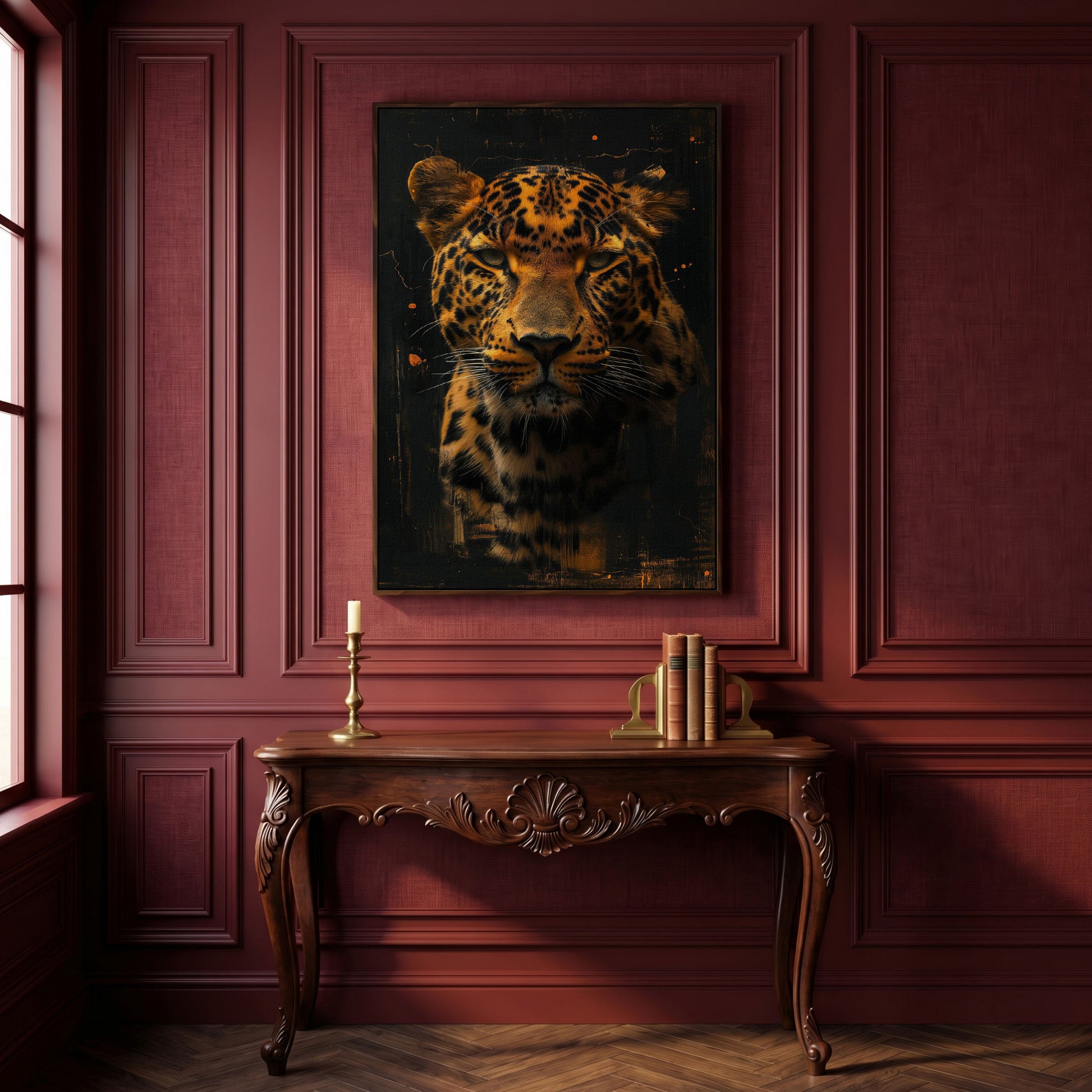 Jaguar Abstract Canvas Print in Sienna and Charcoal in dark walnut floating frame
