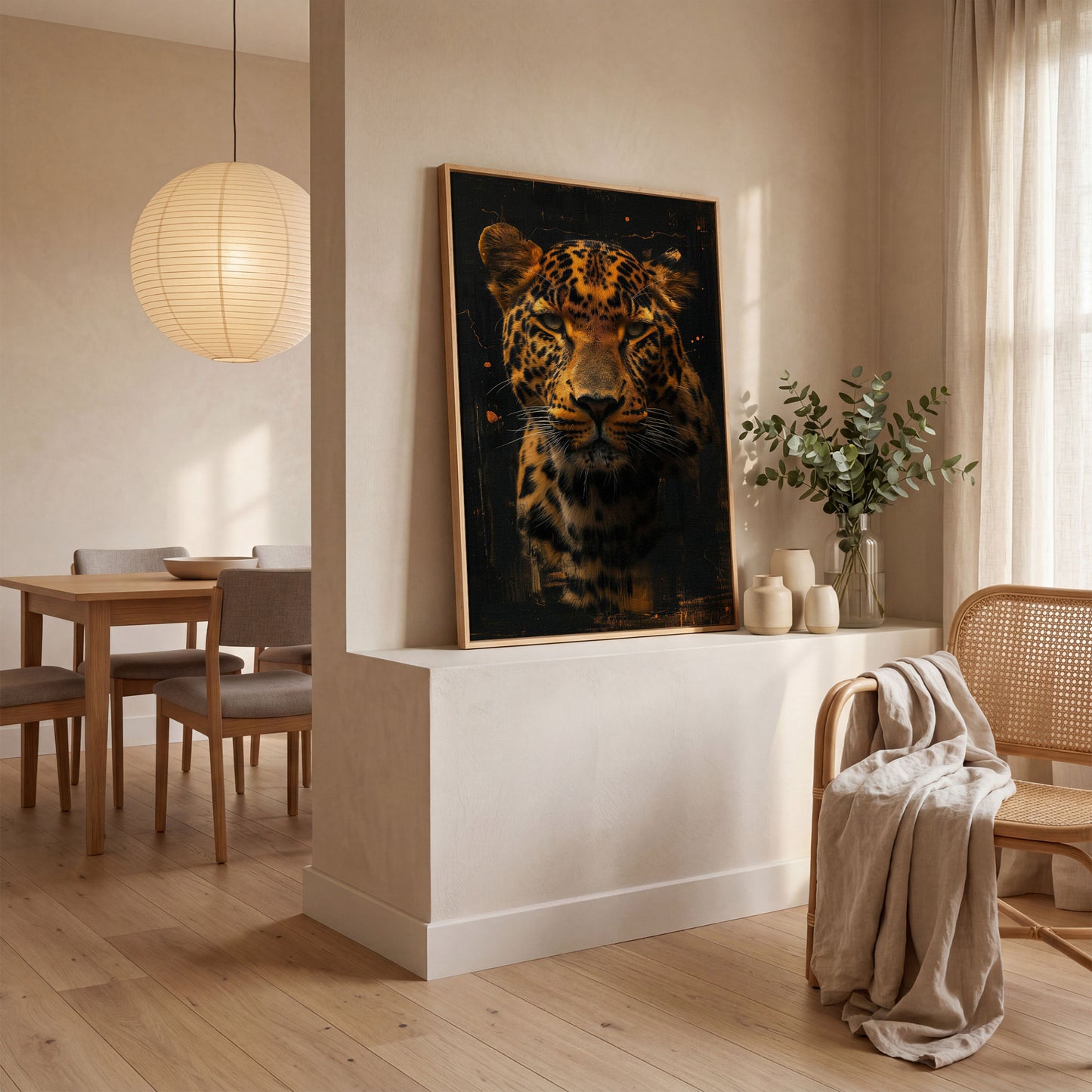 Jaguar Abstract Canvas Print in Sienna and Charcoal in white oak floating frame