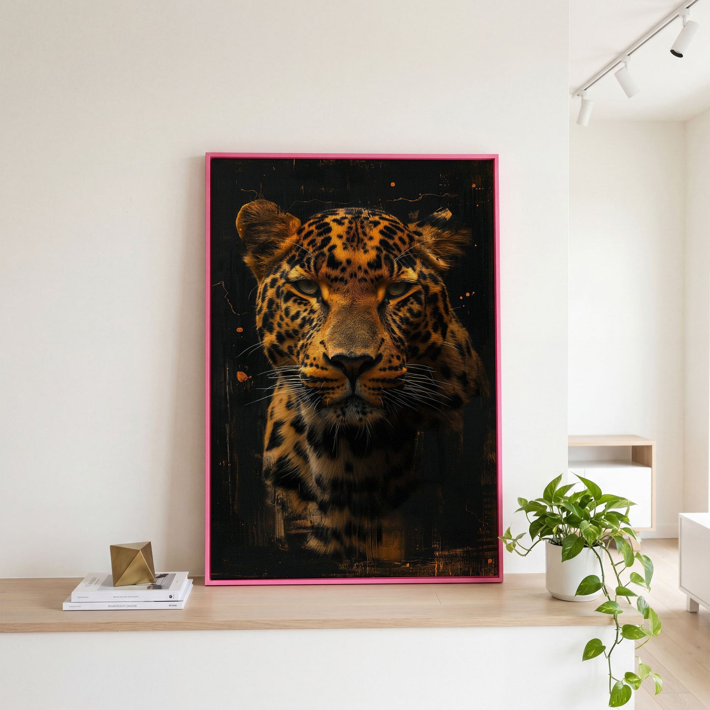 Jaguar Abstract Canvas Print in Sienna and Charcoal in pink floating frame