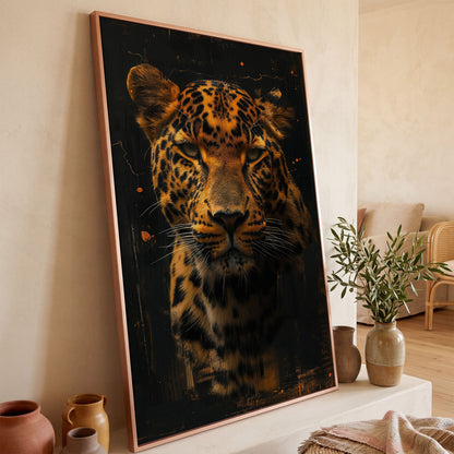 Jaguar Abstract Canvas Print in Sienna and Charcoal in rose gold floating frame