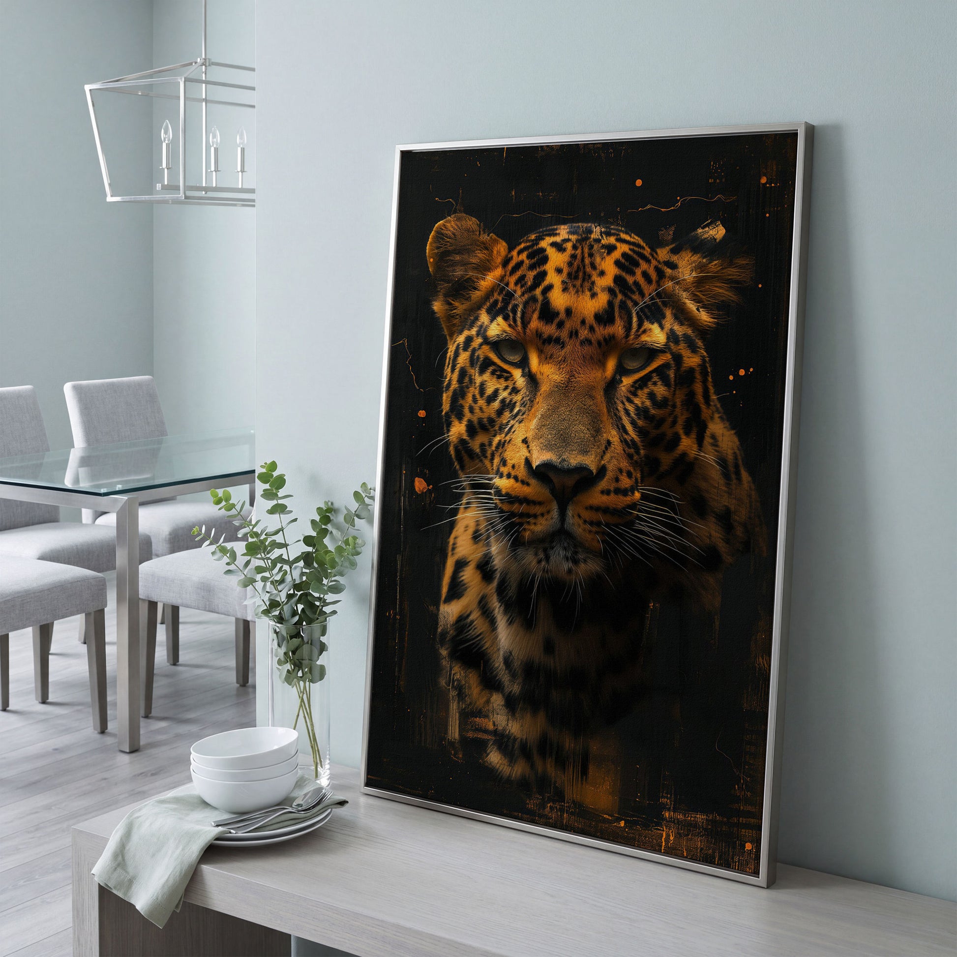 Jaguar Abstract Canvas Print in Sienna and Charcoal in silver floating frame