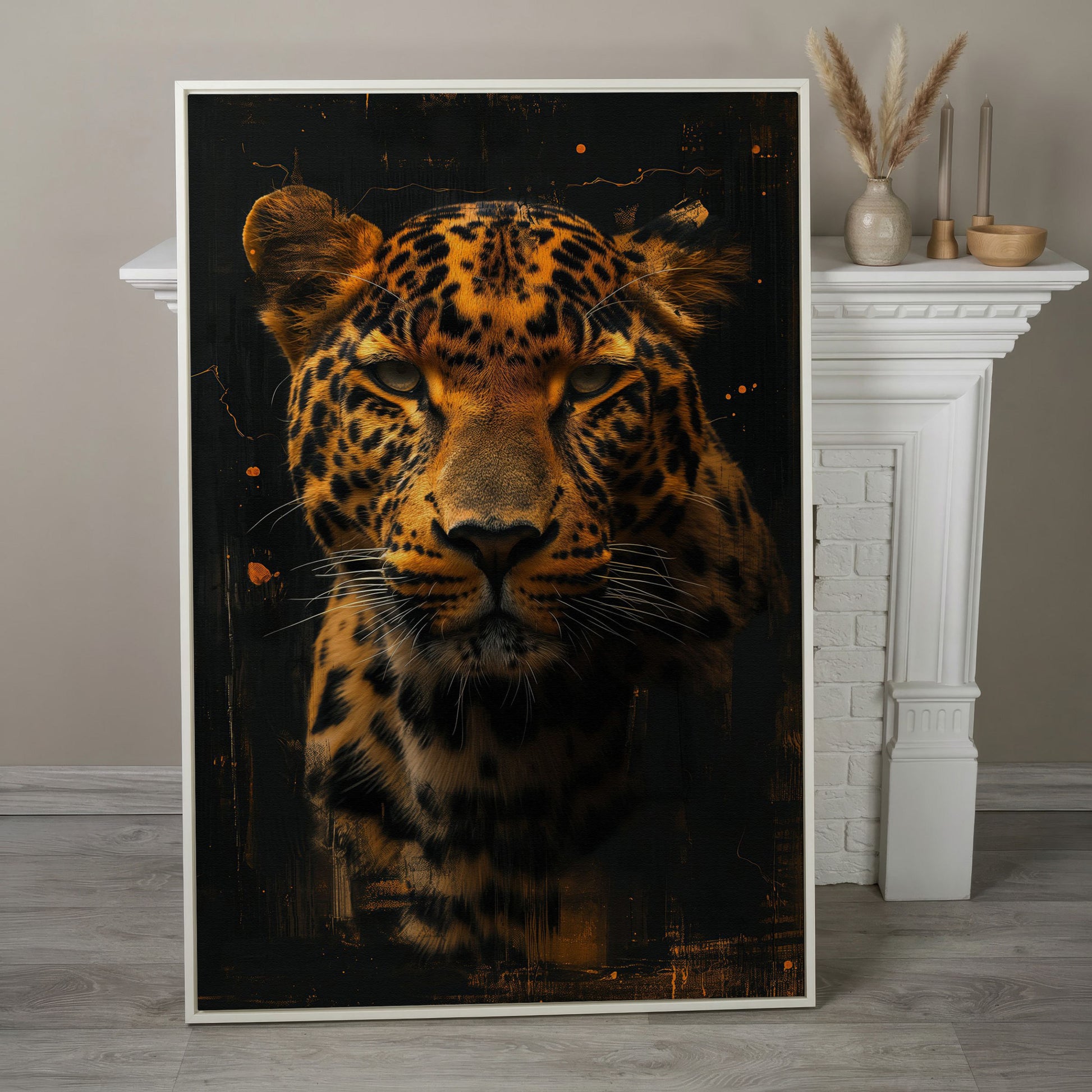 Jaguar Abstract Canvas Print in Sienna and Charcoal in white floating frame