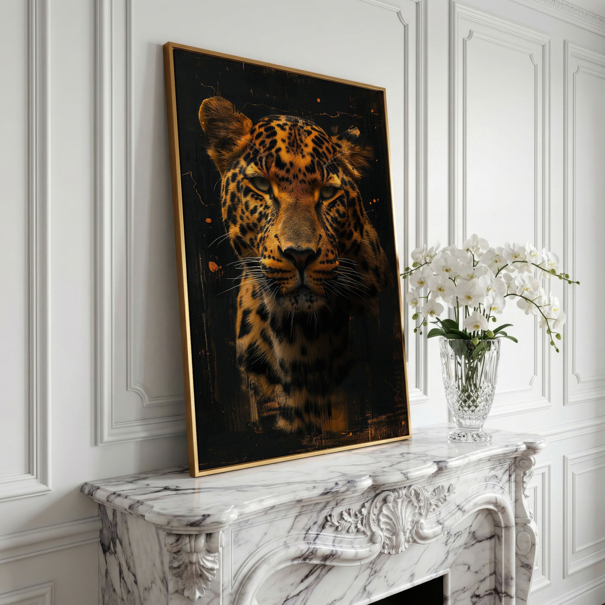 Jaguar Abstract Canvas Print in Sienna and Charcoal in yellow gold floating frame